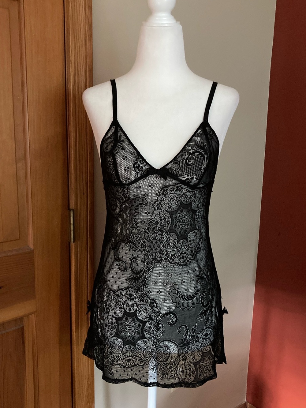 Victoria’s Secret Black Lace Silk Sheer Lace Up Slip Dress Size XS